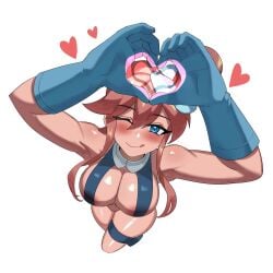 almost_naked arms_up blue_eyes blush breasts cyan_gloves from_above gloves heart hearts_around_head large_breasts latina long_sidelocks looking_at_viewer looking_up pokemon red_hair short_hair skimpy skyla_(pokemon) tan_body thick_thighs thighs wink ytrall