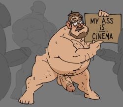 anal anal_sex balls beard blush body_hair boner erection facial_hair gay glasses male male_only nude overweight overweight_male penis posduroo rick_mitchell sex the_mitchells_vs._the_machines