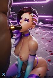 ai_generated big_ass big_breasts black_male bra cameltoe cock_ring cum cum_in_mouth cum_on_face latina multicolored_hair overwatch overwatch_2 pornlandlord purple_background purple_eyes shorts sombra thick thick_thighs wet