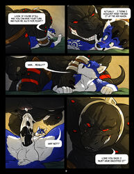 2015 anthro anus balls black_penis blush canine collar comic dinosaur english_text fox furry furry_only hi_res male mammal nik_(sonicfox) nox_(sonicfox) nude penis power_bottom size_difference text tyrannosaurus_rex wfa wolf yaoi