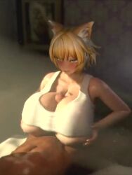 1boy 1girls 3d animal_ears areolae blonde_hair blush breasts breasts_bigger_than_head cum dark-skinned_male dark_skin ejaculation fox_ears fox_girl gigantic_breasts huge_breasts indoors inui_cg kitsune light-skinned_female light_skin nipples paizuri ran_yakumo room sound tagme tank_top tank_top_lift touhou video yellow_eyes