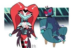 cyanredblue demon demon_boy demon_humanoid hazbin_hotel humanoid jester kitty_(hazbin_hotel) object_head robot robot_humanoid sex_toy tv_head vox_(hazbin_hotel)