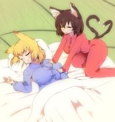 2_tails 2d all_fours animal_ears animal_humanoid animal_tail asian_mythology bedding big_breasts blanket blonde_hair blue_pajamas blush blush_lines breasts brown_fur brown_hair canid canid_humanoid canine canine_humanoid cat_humanoid cat_smile chen chen_(touhou) closed_eyes clothing dipstick_ears dipstick_tail duo ear_markings ear_piercing east_asian_mythology felid felid_humanoid feline feline_humanoid female fox_humanoid fur hair huge_breasts humanoid japanese_mythology jungleboyayaya kneading kneading_breast mammal mammal_humanoid markings multi_tail multicolored_ears multiple_girls mythology nekomata nipple_outline open_mouth pajamas piercing pillow ran_yakumo red_pajamas short_hair sleeping smile tail tail_markings tailed_humanoid tan_body tan_skin thick_thighs touhou white_body white_fur wide_hips yellow_body yellow_fur yokai