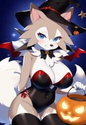 ai_generated anthro bat_wings breasts candy_bucket cleavage female female_only halloween jack-o&#039;-lantern lycanroc midday_lycanroc nai_diffusion nintendo novelai pokemon pokemon_(species) self_upload thighhighs weedvee420 witch_hat