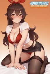 ai_generated amber_(genshin_impact) bikini bikini_top black_miniskirt black_skirt brown_hair female female g-string garter_belt garter_straps genshin_impact hair_ribbon light-skinned_female light_skin long_hair miniskirt orange_eyes red_bikini red_bikini_top royrathehot sexually_suggestive sexy shirt slutty_clothes solo thighhighs watermark white_shirt