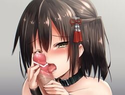 blush brown_eyes brown_hair censored fellatio female handjob kantai_collection kirito_(tundereyuina) open_mouth oral penis sendai_(kantai_collection) short_hair solo_focus straight tongue tongue_out two_side_up