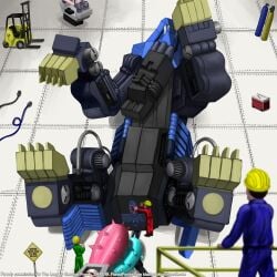 1:1 ambiguous_gender anus armor clothing dildo female feral forklift genitals group hangar hard_hat headgear helmet hi_res human jumpsuit machine mammal mecha pussy railing robot sex_toy shield_liger sign size_difference smudge_proof wire zoids