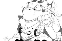 2boys anal axl_shoutmon black_and_white bowser_jr. crossover digimon duo earphones forceful heibanhikaru holding koopa male male_only mario_(series) monochrome multiple_boys nintendo nude one_eye_closed onomatopoeia open_mouth scalie sex sharp_teeth shoutmon signature sweat teeth tongue tongue_out yaoi