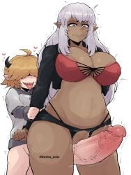 1boy 1girls 4k age_difference big_breasts blonde_hair blue_eyes commission crop_top curvy_figure dark-skinned_female demon elf elf_ears elf_female grabbing_from_behind height_difference highres horns horu huge_balls huge_cock imminent_sex imp male/female massive_balls massive_breasts nipple_bulge nipple_slip oc older_female original_characters pale-skinned_male penis_on_pussy prostitute prostitution sex_slave sharp_teeth short_shorts size_difference small_but_hung small_dom_big_sub smaller_male sora_the_imp submissive_female thick_thighs thigh_sex thong thong_straps tongue_out veiny_penis voluptuous white_hair world_of_warcraft worried younger_male yumi_dark_elf