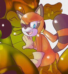 anthro ass back_view blue_eyes breasts brown_fur crocodile female fur gloves gloves_only green_skin interspecies male mammal marine_the_raccoon nipples nude open_mouth penis raccoon raised_tail reptile sex size_difference smile sonic_(series) straight tail testicles tongue toufu_(artist) vector_the_crocodile wink young