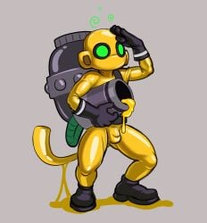 anthro backpack balls_outline bloons_tower_defense bound bulge clothing detailed_bulge eyewear genital_outline gesture glistening glistening_body glistening_clothing glistening_thighs gloves glue glue_covered glue_gunner goggles goo_drip green_eyes handwear haplorhine hi_res holding_object latex latex_clothing latex_mask latex_skinsuit male male_only mammal mask monkey ninja_kiwi owy penis_outline primate salute simple_background skinsuit slime solo swirls tail tight_clothing yellow_latex