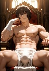 1boy 1male ai_generated bara bottom_pov bulge bulge_through_clothing bungo_stray_dogs bungou_stray_dogs civitai dazai_osamu enticing gay gay_male illustrious_(stable_diffusion) implied_sex king male male_focus male_only male_prey osamu_dazai queer rope rope_bondage sitting sitting_on_throne stable_diffusion sweat sweating throne tied_up tied_up_male underwear underwear_only yaoi
