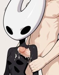 1boy 1girls absurd_res ai_generated arm_grab armpit_fetish armpit_sex black_skin clothed_female_nude_male cum cum_on_armpit cumdrip holding_arm hollow_knight hollow_knight:_silksong hollow_knight_(franchise) hornet_(hollow_knight) human_on_anthro penis pitxoai simple_background watermark white_background