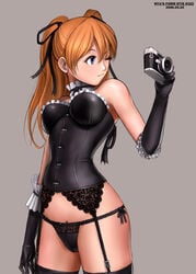 2006 :3 artist_name asuka_langley_sohryu black_legwear black_panties blue_eyes bow bow_panties breasts camera choker clothing corset curvy dated elbow_gloves female g-string garter_belt gloves gothic hair_ribbon lingerie long_hair neon_genesis_evangelion one_eye_closed orange_hair panties ribbon ryu_(ryu's_former_site) side-tie_panties smile solo source_request standing stockings string thighhighs thighs thong tied_hair twintails underwear wink