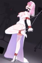 1girls ball_gag bondage camera chained chains exposed_breasts filmed gag gagged gagged_female hidden_(pixiv_46421548) high_heels large_breasts leather_collar leather_cuffs pink_eyes pink_hair raised_leg thighhighs vibrator_on_nipple wedding_dress wedding_veil