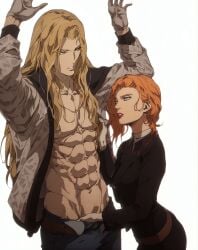abs ai_generated alucard_(castlevania) blonde_hair blue_eyes castlevania_(netflix) echoanomaly fully_clothed hand_under_clothes hand_up long_hair long_hair_male orange_hair seductive_look short_hair short_hair_female shy_male sypha_belnades touching_chest yellow_eyes