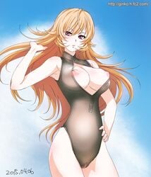 blonde_hair breasts cameltoe censored female front_zipper_swimsuit ginko_(silver_fox) long_hair nakiri_erina nipples one-piece_swimsuit pussy shokugeki_no_souma swimsuit