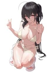absurdres ahoge artist_request azur_lane bare_shoulders bikini black_hair breasts cleavage collarbone commentary_request criss-cross_straps female hair_between_eyes highres huge_breasts long_hair looking_at_viewer navel official_alternate_costume red_eyes simple_background solo squatting_v_pose_(han-0v0) strap_pull string_bikini swimsuit taihou_(azur_lane) taihou_(seaside_daydreams)_(azur_lane) thigh_strap very_long_hair white_background white_bikini yomi1221