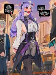 1boy 2girls absurdres ahoge ascot ball_gag belle_(zenless_zone_zero) bisexual_female blue_hair blush bondage bound bow bowtie breasts center_frills chain_leash chains diforland drill_hair faceless faceless_male frills gag gagged grey_hair highres holding holding_leash jacket large_breasts leash long_hair long_sleeves mole mole_under_eye multicolored_hair multiple_girls no_panties open_mouth pantyhose patterned_legwear pointy_ears purple_ascot purple_bow purple_bowtie purple_hair red_eyes shirt short_hair shrug_(clothing) sideboob sideboob_cutout slave streaked_hair vivian_banshee white_shrug wise_(zenless_zone_zero) zenless_zone_zero
