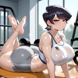 ai_generated big_breasts brown_eyes curvy dark_hair feet feet_up gfeixiaoai gym gym_uniform komi-san_wa_komyushou_desu komi_shuuko on_floor patreon short_hair shorts sweat sweaty_body translucent visible_nipples watermark