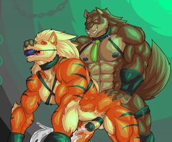 2014 abs anal anal_sex anthro arcanine ball_gag balls bamwuff biceps big_muscles black_fur black_nose bondage_gear brown_fur canine chains claws collar color cum cumshot drooling duo erection excessive_cum from_behind fur gag green_eyes grope hair hand_on_ass hand_on_head hands-free harness interspecies kartos long_hair looking_back male mammal manly muscles necktie nintendo nipples nude open_mouth orange_fur orgasm pecs penetration penis pointy_ears pokemon pokemon_(species) red_eyes ripped saliva sex sharp_teeth smile standing stripes teeth toned tongue vein veiny_penis video_games white_fur wolf yaoi