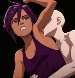 1boy 1girls absurd_res ai_generated arm_up armpit_fetish armpit_licking armpits clothed_female_nude_male dark-skinned_female disgusted dispatch_(game) hug invisigal looking_down pitxoai purple_hair short_hair tank_top teeth watermark