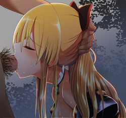 bare_shoulders blonde_hair blush bow choker closed_eyes cum cum_in_mouth deepthroat fellatio female forced from_side granblue_fantasy hairbow hand_on_another's_head irrumatio izumi_arima long_hair oral penis ponytail profile pubic_hair sweat tied_hair vira_lillie