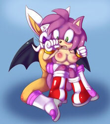 amy_rose anthro bat beige_skin blush boots breasts female female_only footwear front_view fur furry_ears gloves green_eyes hedgehog interspecies mammal multiple_females multiple_girls nipples nude open_eyes open_mouth pink_fur pointy_ears rouge_the_bat sitting sonic_(series) tan_skin teeth tongue toufu_(artist) white_fur wings yuri