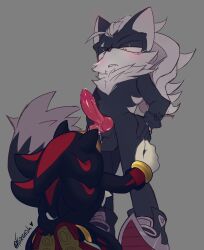 2boys beautiful_jackal_with_homophobia black_body black_hair canedump chest_tuft collab foxenish gay hand_on_hip handwear_and_footwear_only hedgehog heterochromia infinite_(sonic) infinite_the_jackal jackal kneeling knot knot_lick knotted_penis licking male_only oral precum sega shadow_the_hedgehog sonic_(series) sonic_forces sonic_the_hedgehog_(series) white_hair yaoi