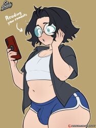 1boy artist_self-insert ass black_hair blue_shorts bready_(srbready) bulge crop_top dolphin_shorts english_text eyebrows eyeliner eyewear femboy glasses grey_eyes grin huge_ass light-skinned_male light_skin looking_at_viewer makeup male midriff multiple_views navel open_mouth original phone plump self_insert short_hair short_shorts shorts socks srbready stomach teeth text thick_thighs thighs wide_hips