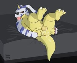 after_sex anus ass balls bed cum cum_on_ass digimon erection fluffysnowmeow gabumon legs_up looking_at_viewer lying male male_only on_back on_bed penis perineum presenting presenting_hindquarters signature solo tongue tongue_out