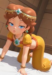 3d ai_generated all_fours arabian_clothes bangs barefoot bed bedroom_eyes blue_eyes blush bracelet breasts brooch brown_hair caucasian collarbone crop_top earrings eyelashes female flower_earrings full_body half-closed_eyes harem_outfit harem_pants headdress highres indoors jewelry long_hair looking_at_viewer mario_(series) mario_kart_world midriff navel necklace on_bed pants parted_lips pillow princess_daisy puffy_short_sleeves puffy_sleeves sandlecrantz_(ai_generator) self-upload shirt short_sleeves small_breasts solo stomach