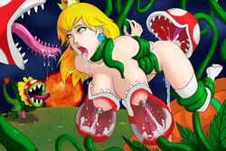 ass blonde_hair blue_eyes bondage bound breast_sucking breasts crown dino_piranha female femsub flora_fauna hair ionian lactation large_breasts long_hair mario_(series) milk milking_tentacles nintendo nipple_piercing nipples nude oral piercing piranha_plant plant princess_peach restrained rolling_eyes saliva super_mario_galaxy tentacle tentacle_sucking_breasts thighhighs tongue tongue_piercing vines white_legwear