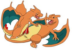 blue_eyes blush charizard dragon duo fire frottage male nintendo penis plain_background pokemon pokemon_(species) precum sex sfbwd tongue white_background yaoi