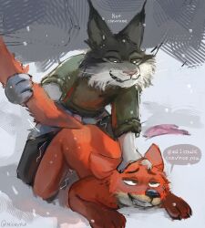 anal anthro bodily_fluids canid canine clothed clothing disney doggy_style drooling duo felid feline fox from_behind_position hi_res lynx male male/male mammal milkypupppy nick_wilde pawbert_lynxley saliva sex speech_bubble tail tail_pull zootopia zootopia_2