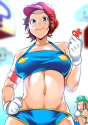 2girls armband bare_shoulders blue_eyes blush breasts brown_hair closed_eyes female female_only genderswap_(mtf) gloves hair hand_on_hip hat human large_breasts long_hair luigi mario mario_(series) mound_of_venus multiple_girls mushroom navel nintendo ojo_(dfreak) rule_63 siblings smile solo_focus super_mario_bros. tongue white_gloves