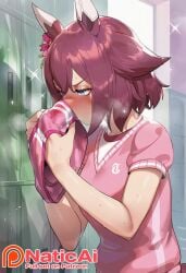 ai_generated female female_pervert gym implied_yuri locker_room naticai pink_hair sakura_chiyo sakura_chiyono_o_(umamusume) short_hair sniffing sniffing_clothes sniffing_panties sweater umamusume umamusume_pretty_derby