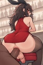 2boys 2d ai ai_generated anal anal_sex backsack ballsack bar bar_background bar_stool brown_hair bunny_ears cock double_slit_dress dress duo femboy glasses hips interracial looking_at_viewer oc original original_character penis penis_hanging red_dress smiling tagme testicles thighs trap twink