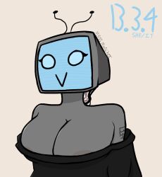 antennae_(anatomy) anthro areola areola_slip b.3.4_(moss_muncher) big_breasts blue_face body_writing breasts female grey_body humanoid machine moss_muncher robot screen_face solo