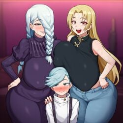 1boy 2girls ai_generated black_eyes blonde_hair blue_eyes blush breasts_on_head brown_hair chinese_clothes dress fat_ass femboy femboy_on_female gigantic_breasts huge_ass huge_breasts jeans jujutsu_kaisen mei_mei_(jujutsu_kaisen) novelai older_female purple_eyes sleeveless sleeveless_shirt smile smiling thick_thighs ui_ui_(jujutsu_kaisen) wide_hips younger_male yuki_tsukumo