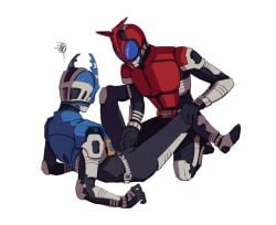 2boys armor armored_male beetle belt between_legs blue_armor blue_eyes bodysuit bodysuit_bulge bulge erect_penis erection erection_under_bodysuit fondling fondling_bulge gay helmet holding_leg horn horns kamen_rider kamen_rider_gatack kamen_rider_kabuto kamen_rider_kabuto_(series) kneeling legs_apart legs_spread lying_down male male/male male_focus male_only mask masked masked_male pincers red_armor rhinoceros_beetle stag_beetle touching touching_bulge touching_penis watermark yaoi