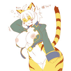 breasts closed_eyes clothed clothing feline fur hair half-dressed kemono long_hair mammal nipples no3512 pussy tiger white_hair yellow_fur