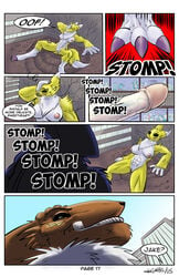 2015 anthro areola breasts canine comic digimon english_text erect_nipples female fox gruntus henbe human humor imminent_sex lying male mammal nipples page_17 penis pussy renamon