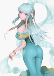 ass bare_shoulders big_breasts blue_hair breasts dancer female fire_emblem fire_emblem:_the_blazing_blade highres jtaka large_breasts light_blue_hair long_hair looking_at_viewer looking_back ninian_(fire_emblem) nintendo nipple_bulge nipples red_eyes smile solo solo_female veil white_background