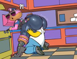 1boy 1boy1girl 1girls 2025 ass big_butt breasts constable_sprinkle donut female fortnite fortnite:_battle_royale hat head_on_butt homer_simpson looking_at_viewer object_head police police_hat police_uniform policewoman purpbatboi shirt sunglasses the_simpsons twitter_username uniform