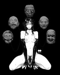 artist_logo artist_name asymmetrical_bangs barefoot black_background breasts breasts_apart broad_shoulders choker closed_mouth collarbone colored_sclera earrings elbow_gloves feet female female_pubic_hair fingerless_gloves fingernails full_body gloves godiva_ghoul greyscale heterochromia highres invisible_floor jewelry kneeling knees logo long_hair looking_at_viewer mask medium_breasts messy_hair mole mole_under_eye monochrome multiple_moles multiple_rings naked_gloves navel nipples no_nose nude on_floor original pubic_hair ring simple_background single_earring small_horns solo spread_legs statue stomach string sweat thighs