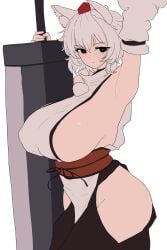 absurdres animal_ear_fluff animal_ears arm_up armpits black_eyes black_skirt breasts closed_mouth commentary cowboy_shot detached_sleeves expressionless female giant_sword hat highres holding holding_sword holding_weapon huge_breasts huge_weapon inubashiri_momiji looking_at_viewer messy_hair moriforest1040 pom_pom_(clothes) red_hat red_sash sash shirt short_hair sideboob skirt sleeveless sleeveless_shirt solo standing sword symbol-only_commentary tokin_hat touhou turtleneck turtleneck_shirt weapon white_background white_hair white_shirt white_sleeves wolf_ears