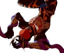 1boy antennae armor armored_male arms_restrained belt black_armor bodysuit gay groping groping_crotch hajime_aikawa hand_on_crotch heart helmet kamen_rider kamen_rider_blade_(series) kamen_rider_chalice legs_up lying lying_down lying_on_back male male_focus male_only mask masked masked_male no_visible_genitalia on_back red_armor restrained restrained_arms tentacle tentacles_around_arms touching touching_crotch watermark yaoi