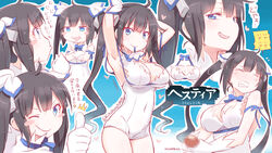 ;) armpits arms_behind_head black_hair blush blush_stickers breasts censored cleavage covered_navel dungeon_ni_deai_wo_motomeru_no_wa_machigatteiru_darou_ka female gloves hair_ribbon hestia_(danmachi) kitahara_tomoe_(kitahara_koubou) large_breasts long_hair mosaic_censoring one_eye_closed ribbon smile text tied_hair translation_request twintails twitter_username white_gloves