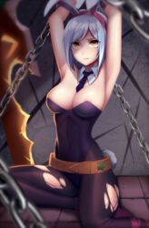 animal_ears areola areola_slip arms_up battle_bunny_riven belt bondage breasts brown_eyes bunny_ears bunny_tail chains detached_collar female frown league_of_legends leotard looking_at_viewer pantyhose planted_sword planted_weapon riven short_hair silver_hair solo spichis sweat sword tail the_grind_series toned torn_clothes torn_pantyhose weapon